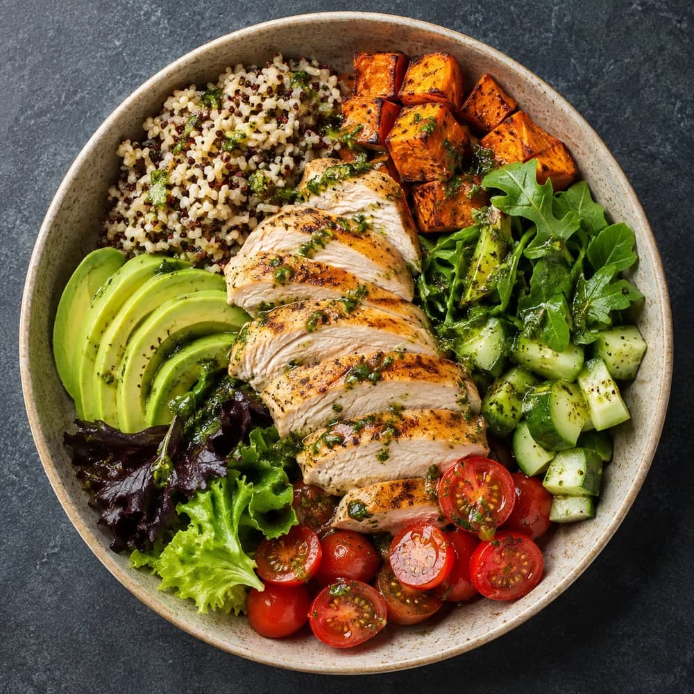 Grilled chicken grain bowl with avocado, roasted sweet potato, and fresh vegetables